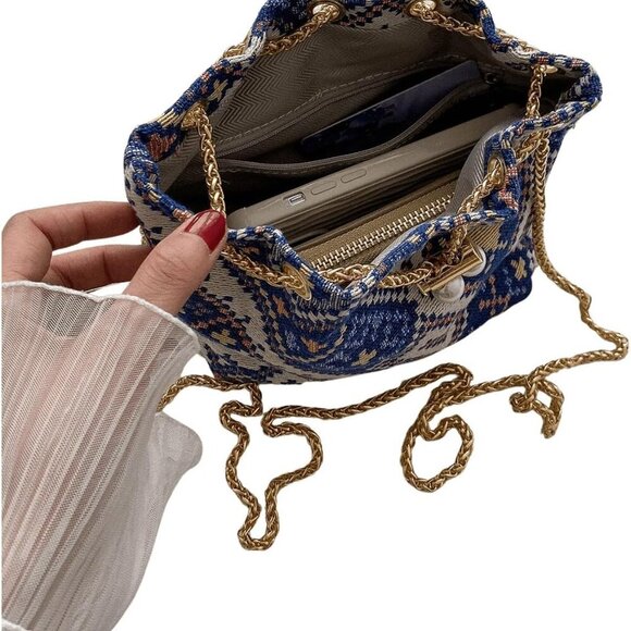 Blue White Multi Mini Plaid Drawstring Tote Bag Casual Boho Shoulder Handbag - Picture 6 of 7